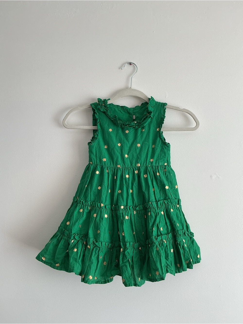 Green Ruffle Tiered Girls Dress with Gold Dot Accent